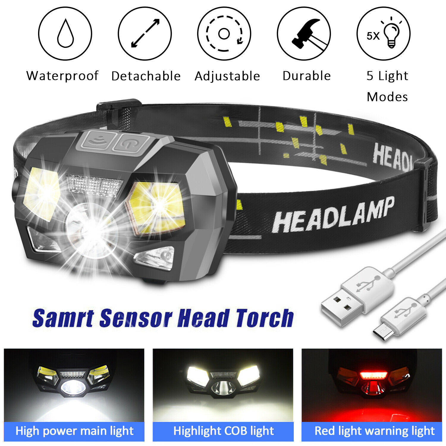 Led Headlamp Usb Rechargeable Headlight Head Lamp Flashlight Camping Waterproof