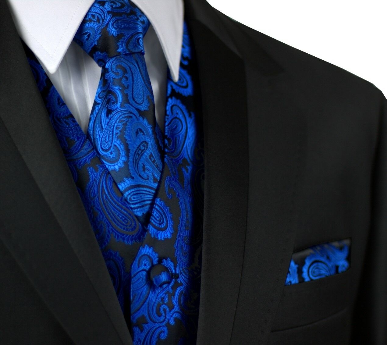 Italian Design Royal Blue Paisley Formal Tuxedo Vest, Tie & Hankie Set.