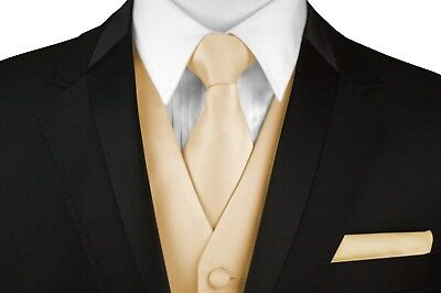 Men's Champagne Satin Forma Dress Tuxedo Vest, Tie & Hankie Set. Wedding, Prom