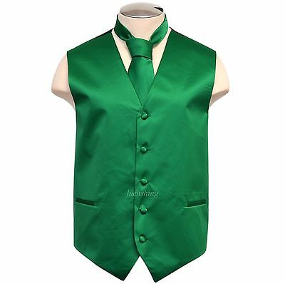 New Formal Men's Polyester Vest Tuxedo Waistcoat & Necktie Emerald Green Wedding