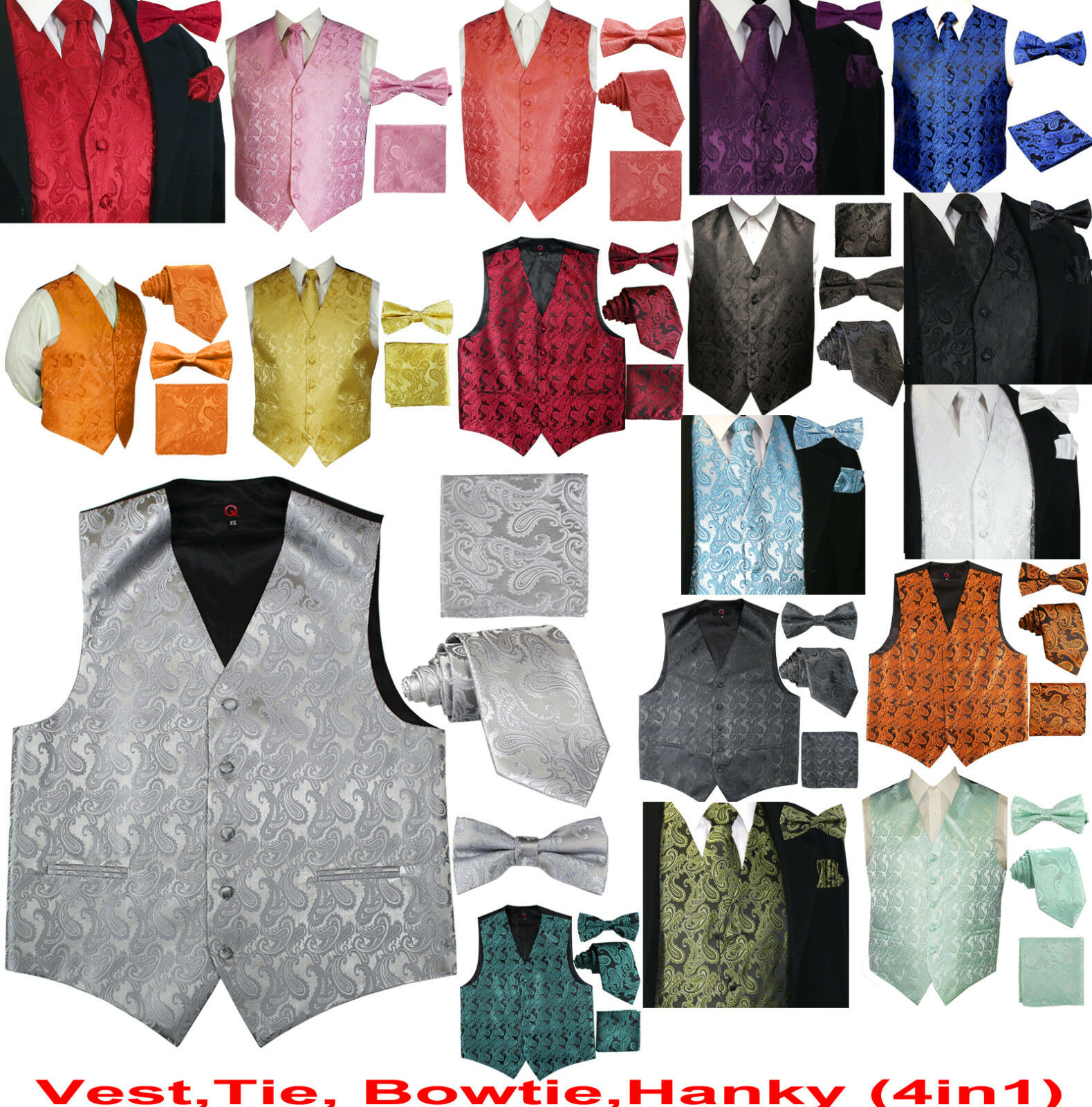Men's Paisley Design Dress Vest And Neck Tie & Bow Tie & Hankie Set (4 In 1 Set)