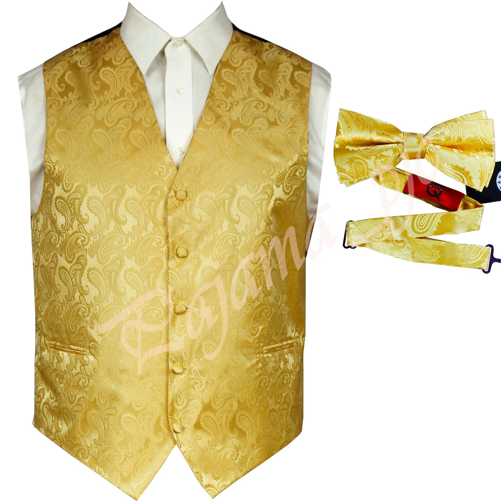 Gold  Xs To 6xl Paisley Tuxedo Suit Dress Vest Waistcoat & And Bow Tie Wedding