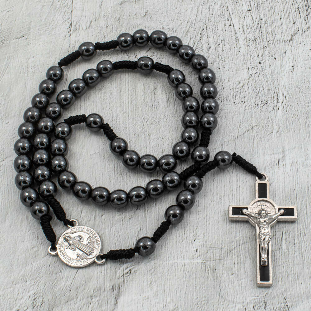 Saint St Benedict Medal Cord Rosary Black Hematite Beads Rosario San Benito 12"