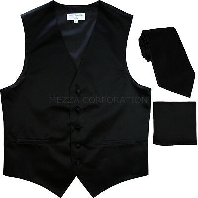 New Men's Black Formal Vest Tuxedo Waistcoat_necktie & Hankie Set Wedding Prom