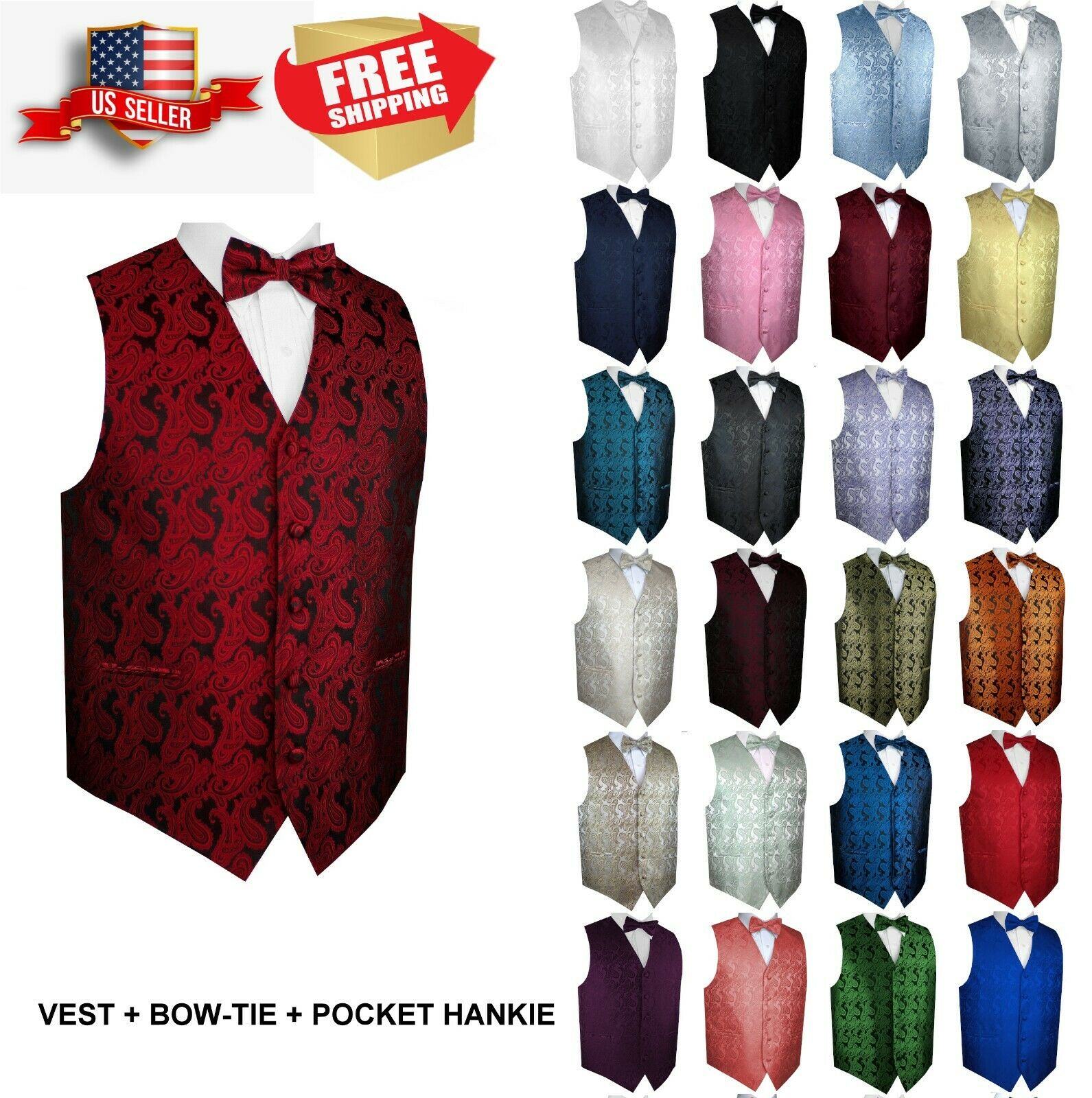 Men's Paisley Formal Tuxedo Vest, Bow-tie & Hankie Set. Wedding, Prom, Cruise