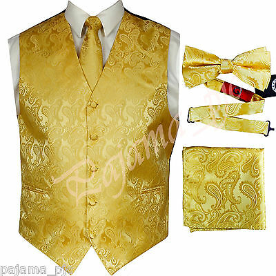 Gold Xs To 6xl Paisley Tuxedo Dress Vest Waistcoat & Neck Tie & Bowtie And Hanky