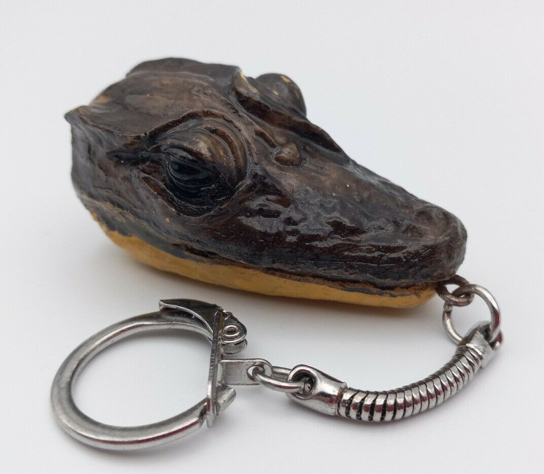 Vintage Alligator Crocodile Head Keychain Hand Carved Wood Key Fob Souvenir