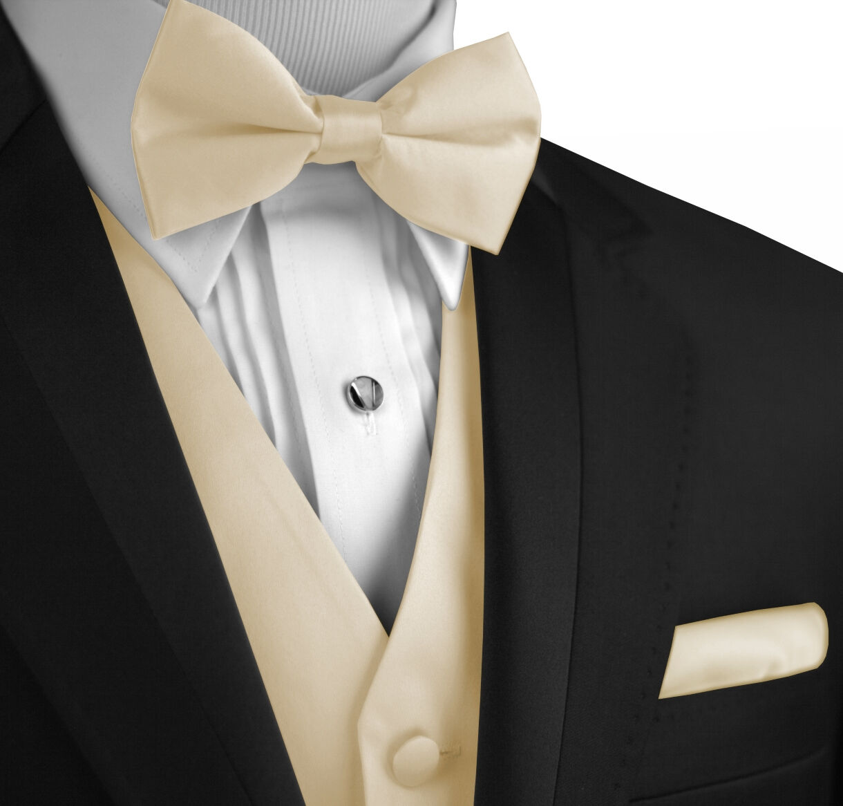 Men's Champagne Satin Formal Tuxedo Vest, Bow-tie & Hankie Set Xs - 6xl