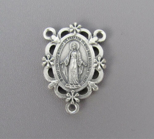 Miraculous Medal Scallop Edge Rosary Center Italy Centerpiece Finish Silver T219