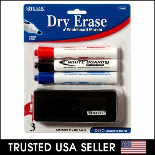 Bazic 3 Color White Board Markers Office School Chisel Tip Dry Erase With Eraser