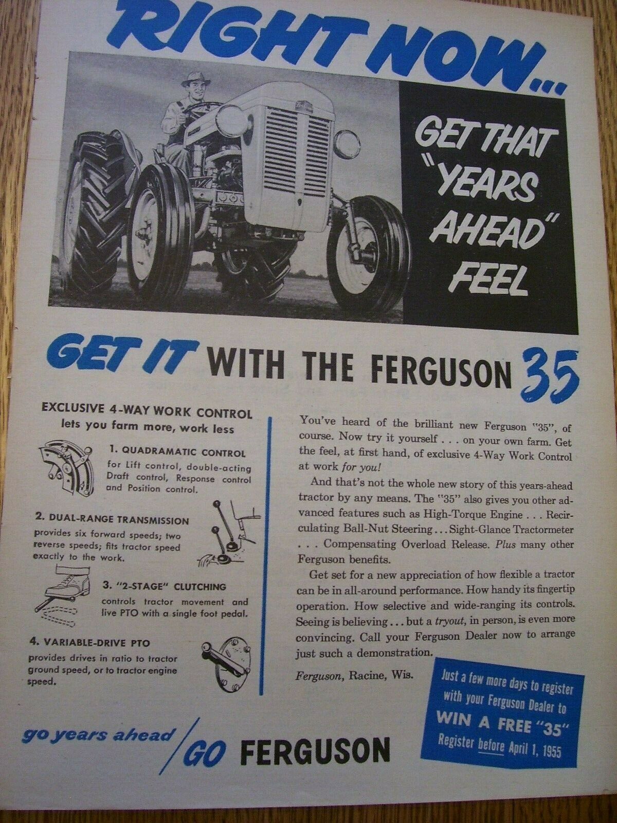 Vintage  Ferguson Tractor Advertising Page -  # 35 Tractor -1955
