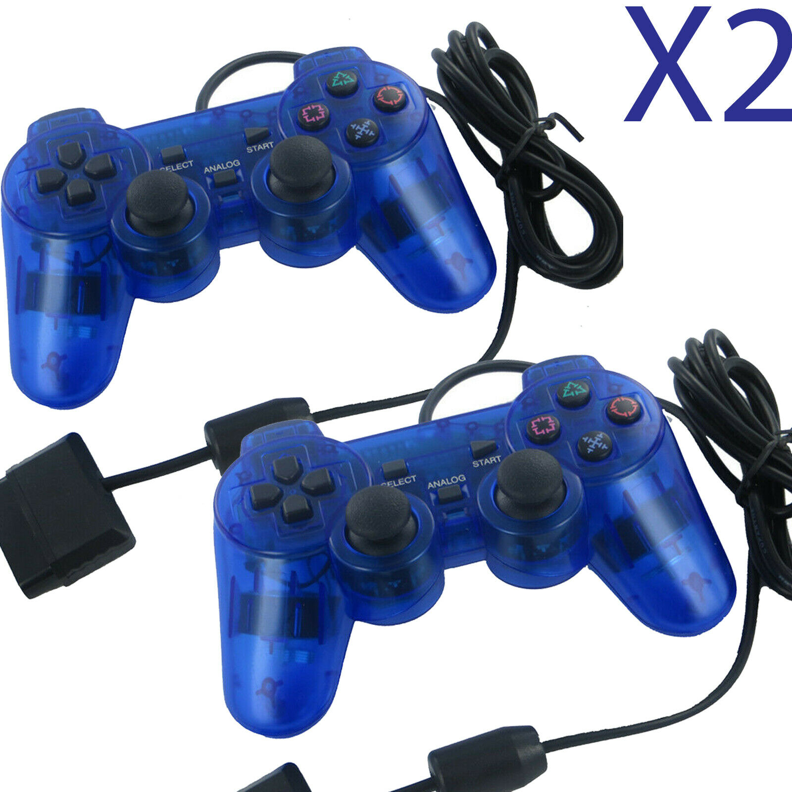 2x Blue Twin Shock Game Controller Joypad Pad For Sony Ps2 Playstation 2