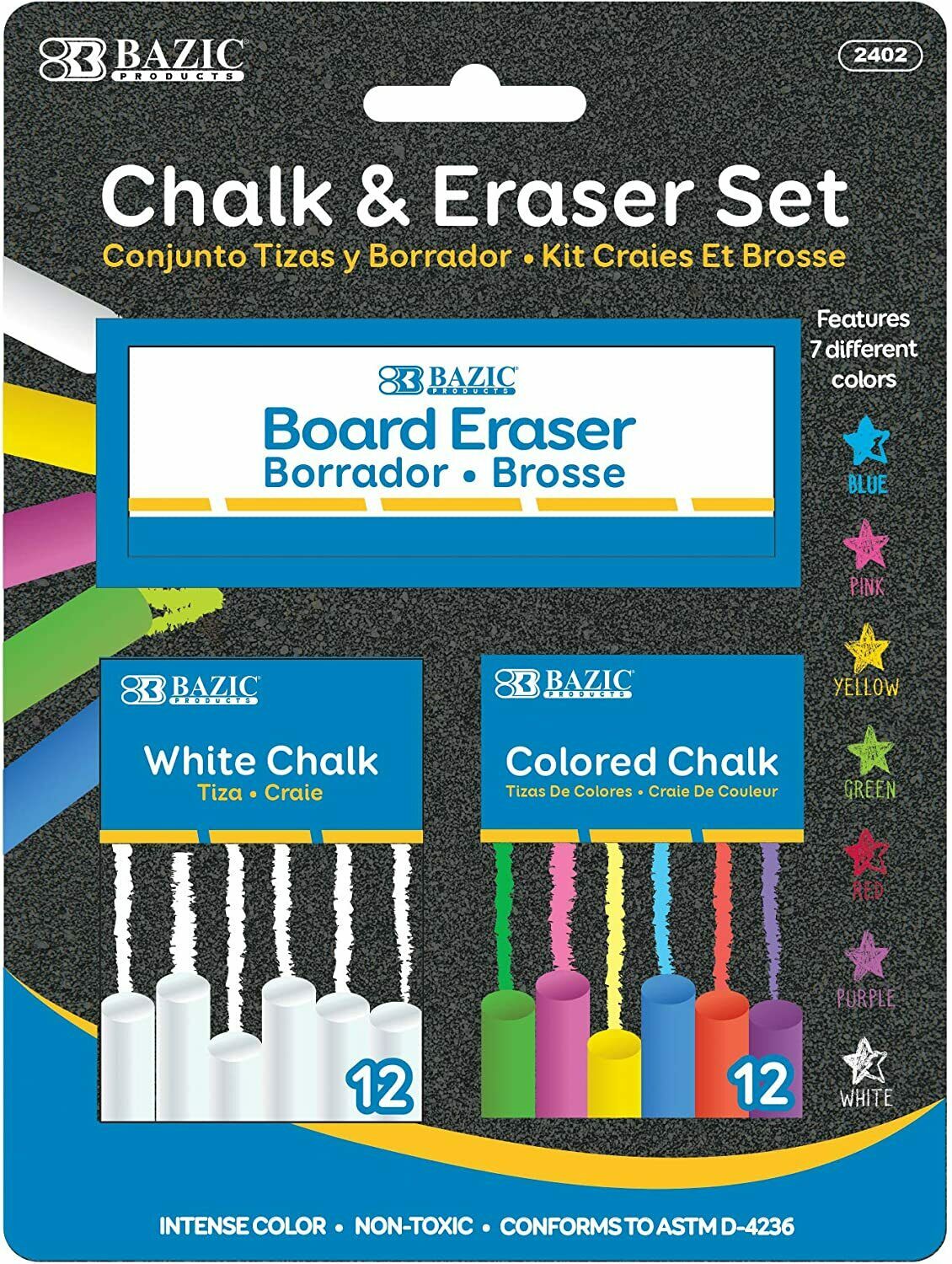 Bazic 12 Color And 12 White Chalk With Eraser Sets
