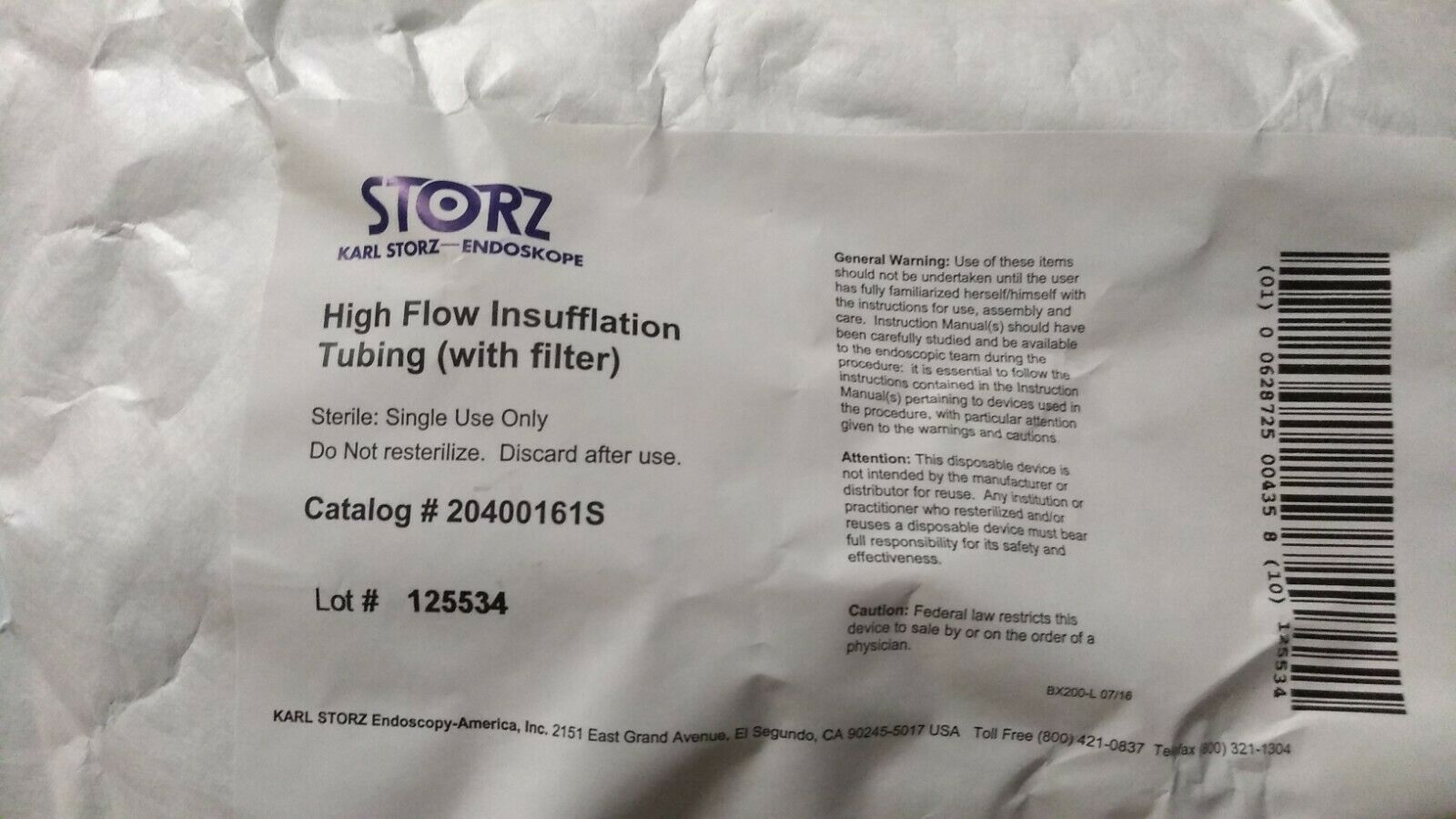 Karl Storz 20400161s High Flow Insufflation Tubing With Filter.#20400161s