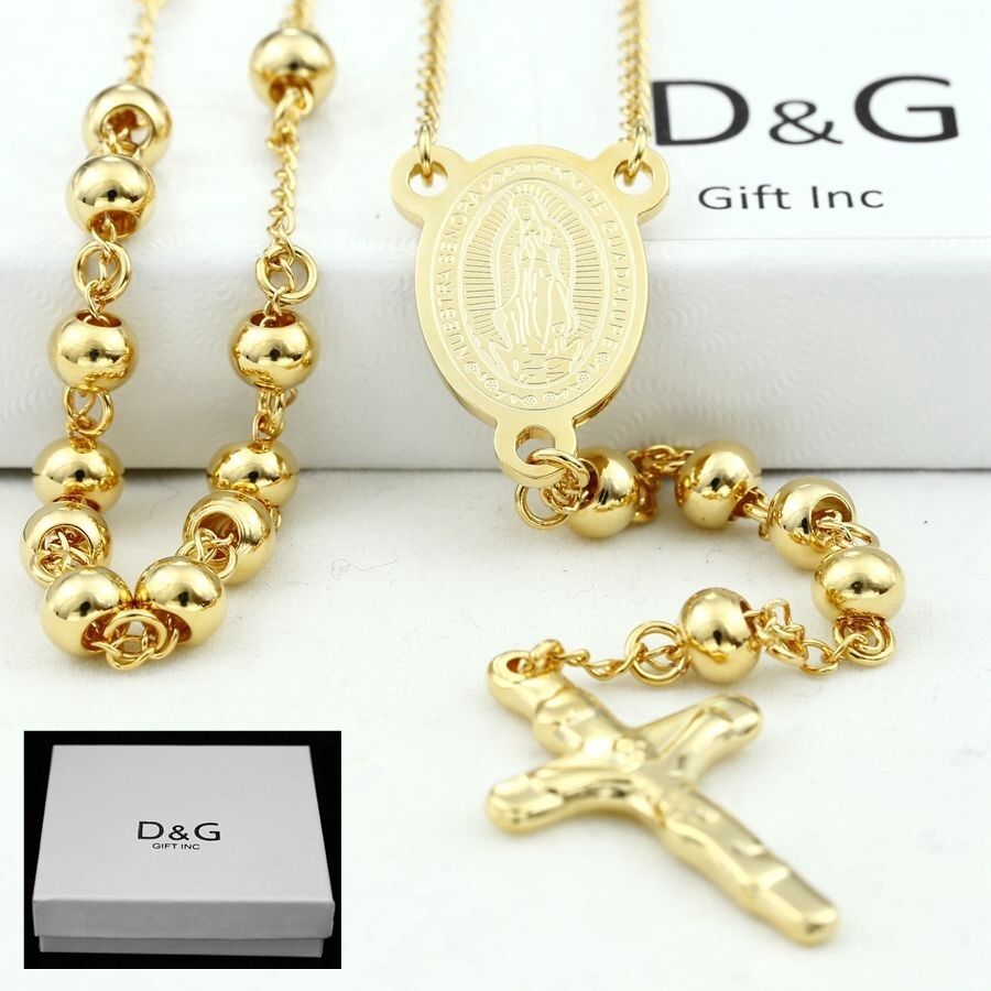 Dg Stainless Steel,gold 26" Beaded Rosary Virgin Mary+jesus Cross Necklace*box