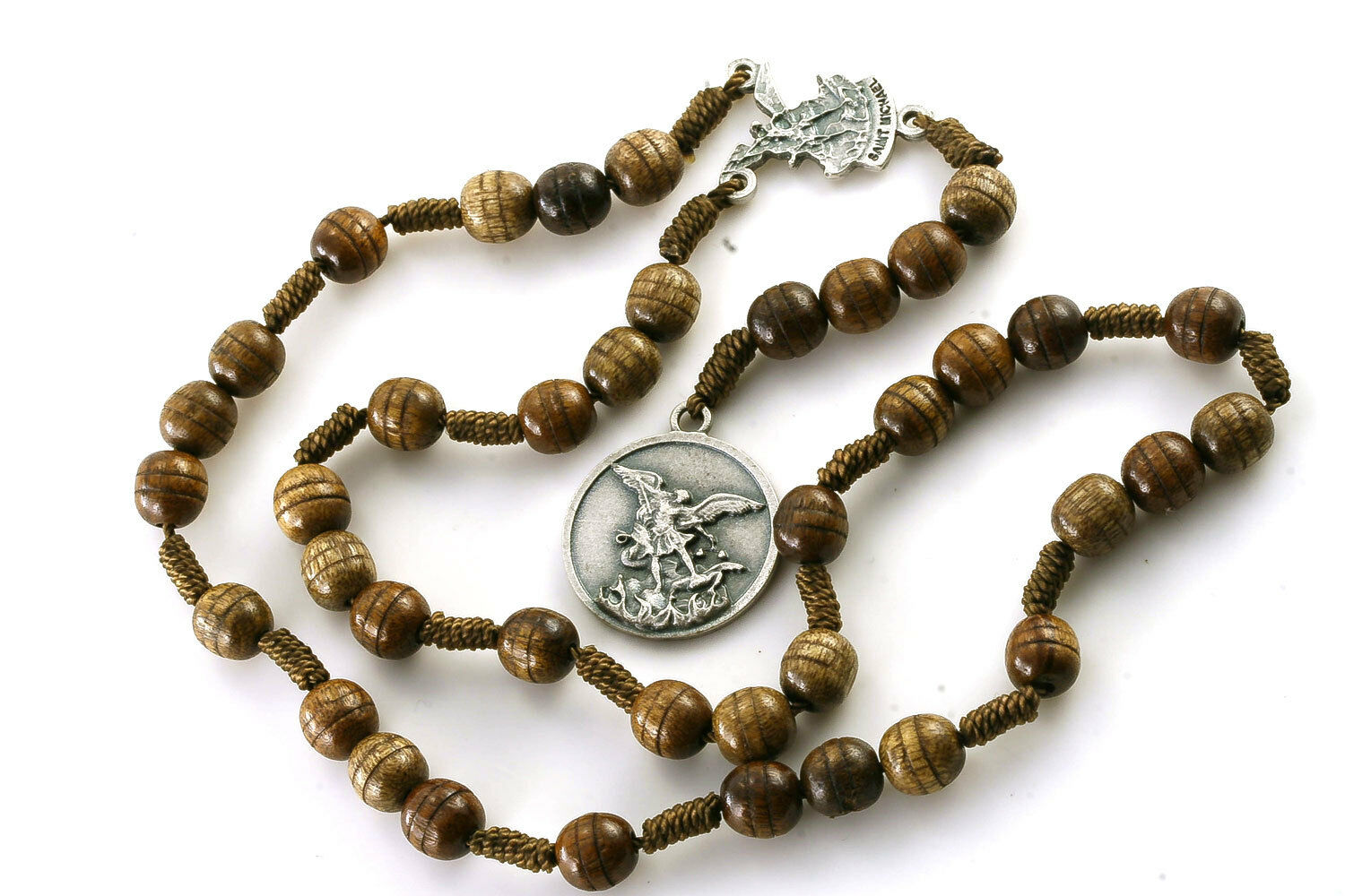 Brown Carved Wood St Saint Michael Archangel Rosary Beads Chaplet 6m Strong Cord