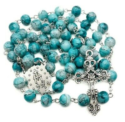 Catholic Turquoise Marble Glass Beads Rosary Necklace Miraculous Medal & Cross