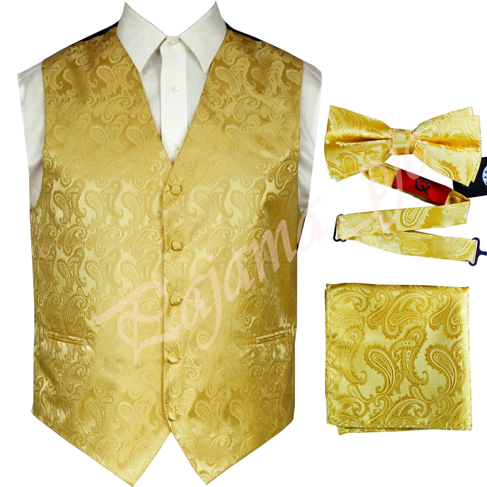Gold Xs To 6xl Paisley Tuxedo Suit Dress Vest Waistcoat & Bow Tie & And Hankie