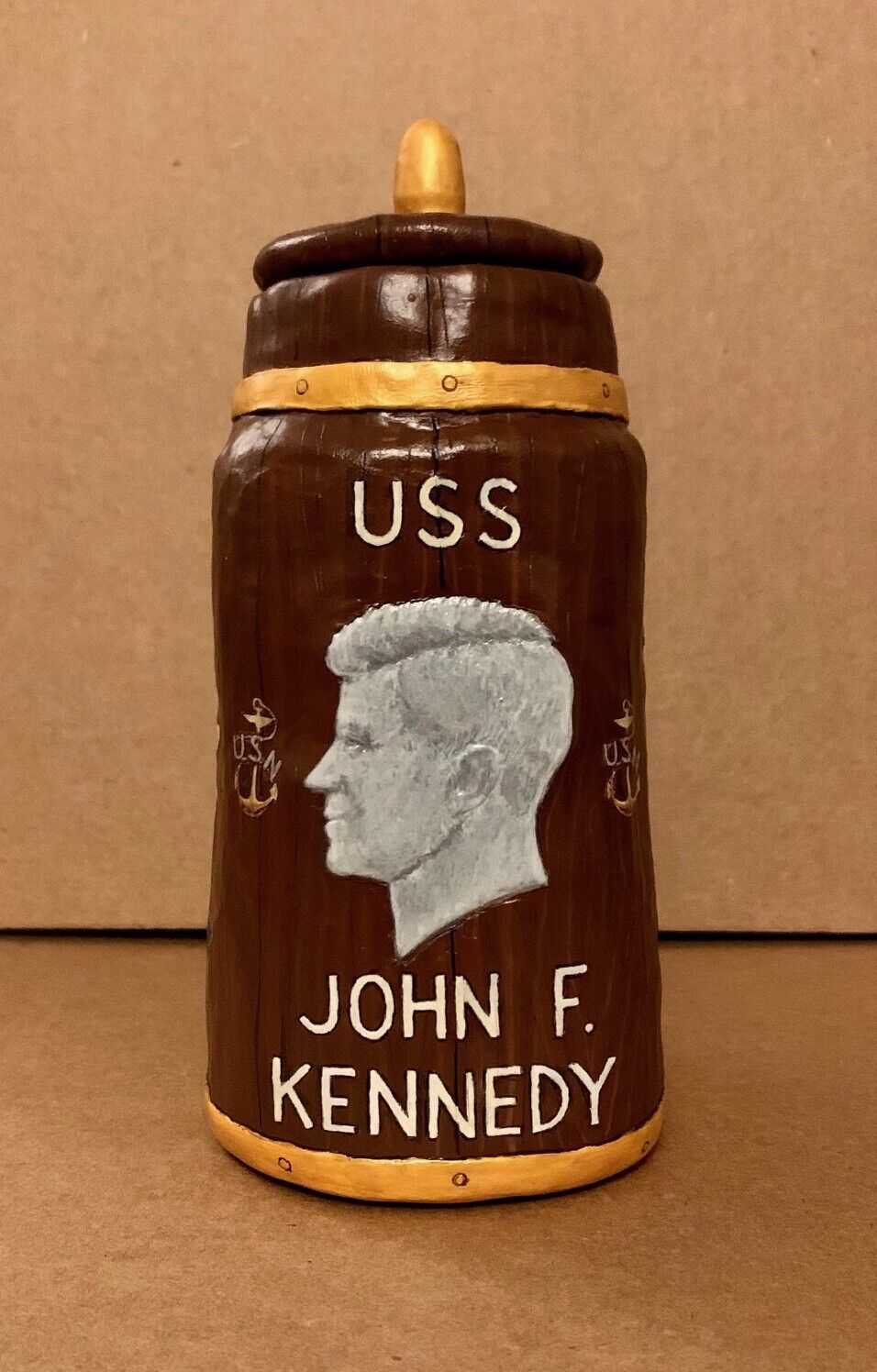 Uss John F Kennedy Navy Chief 7" Grog Barrel Poly Clay Folk Art + Challenge Coin