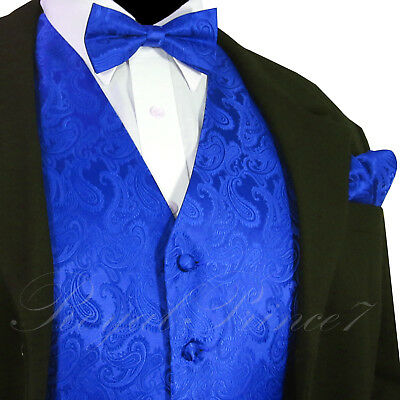 Royal Blue Men's Paisley Tuxedo Suit Dress Vest Waistcoat & Bow Tie & And Hankie