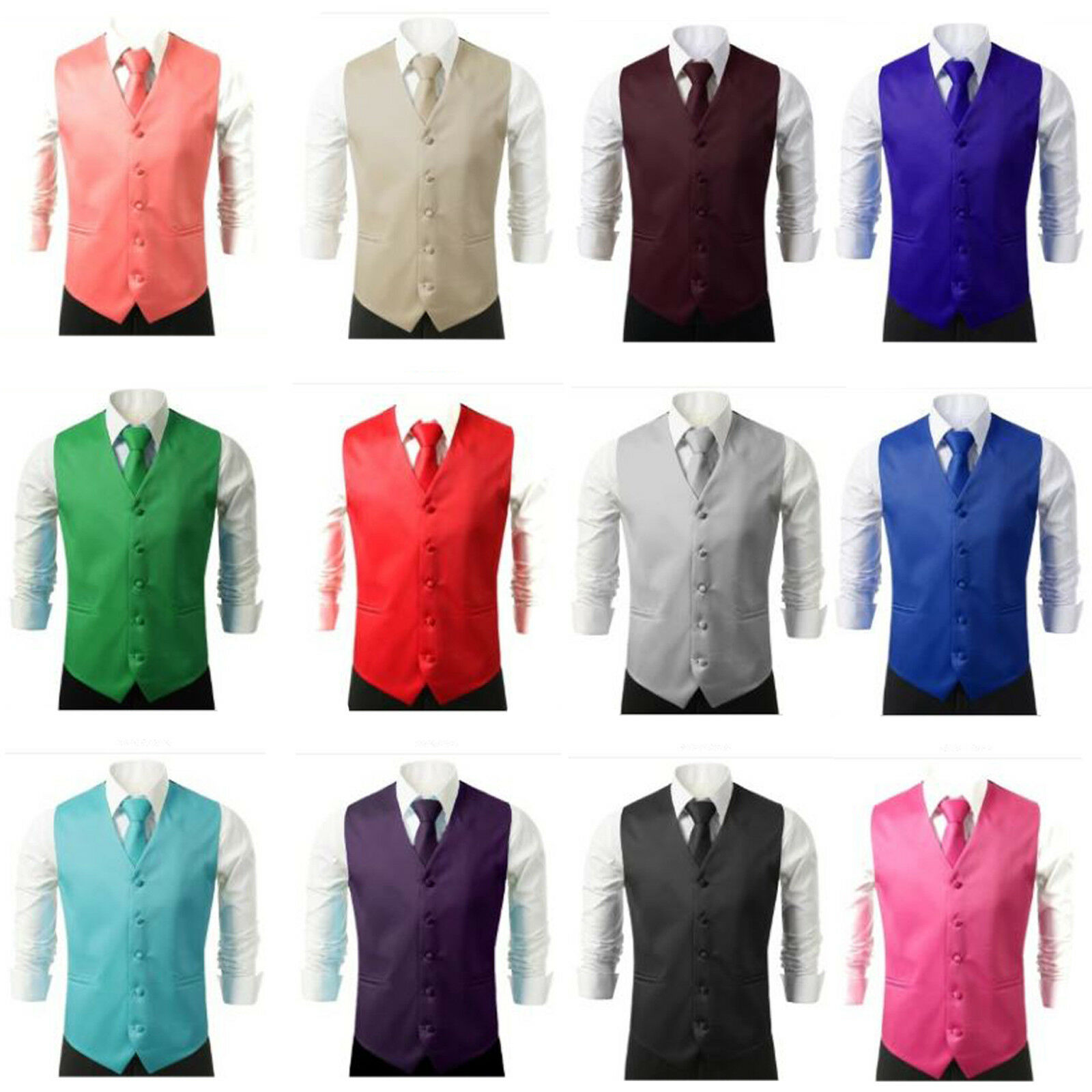 New Men Solid Formal Waistcoat Dress Vest And Neck Tie 2pcs Wedding Prom Casual