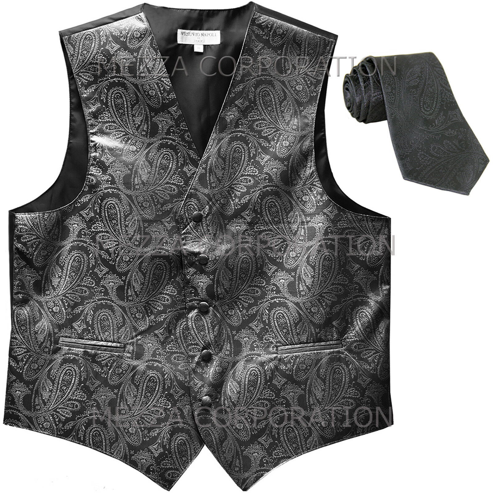 New Men's Formal Vest Tuxedo Waistcoat_necktie Paisley Pattern Prom Dark Gray