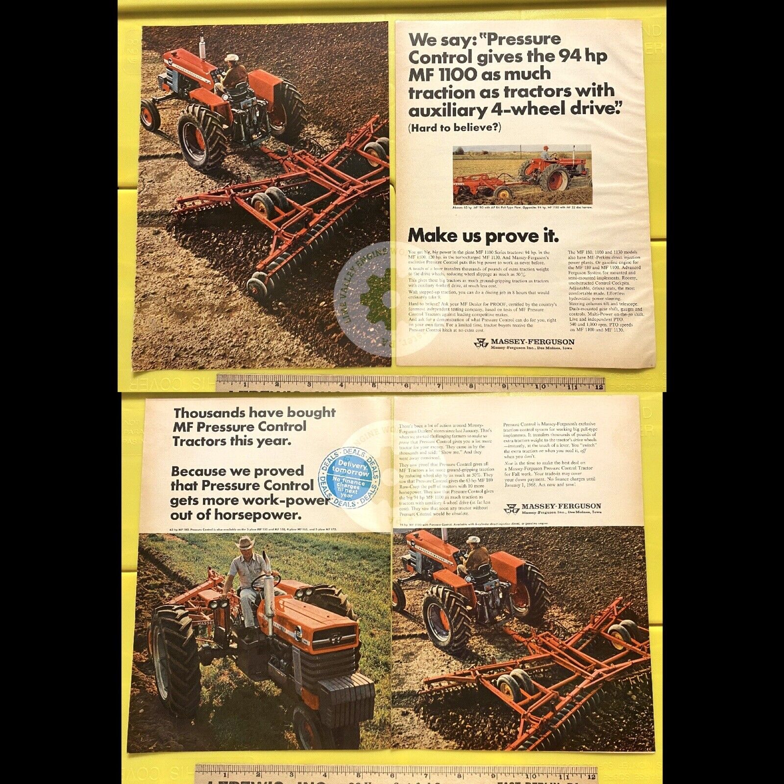 Original 1967 Massey-ferguson 1100 & 180 Tractor Print Ad Lot. Mf180 Mf1100