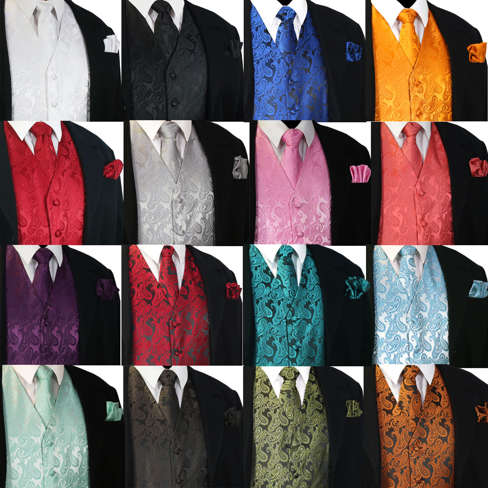 New Men's Paisley Design Dress Vest And Neck Tie Hankie Set For Suit Or Tuxedo